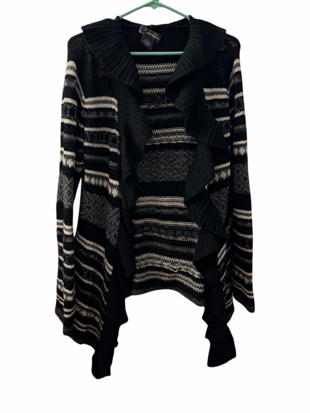 Women's Black and White Ruffle Open-Front Sweater Cardigan